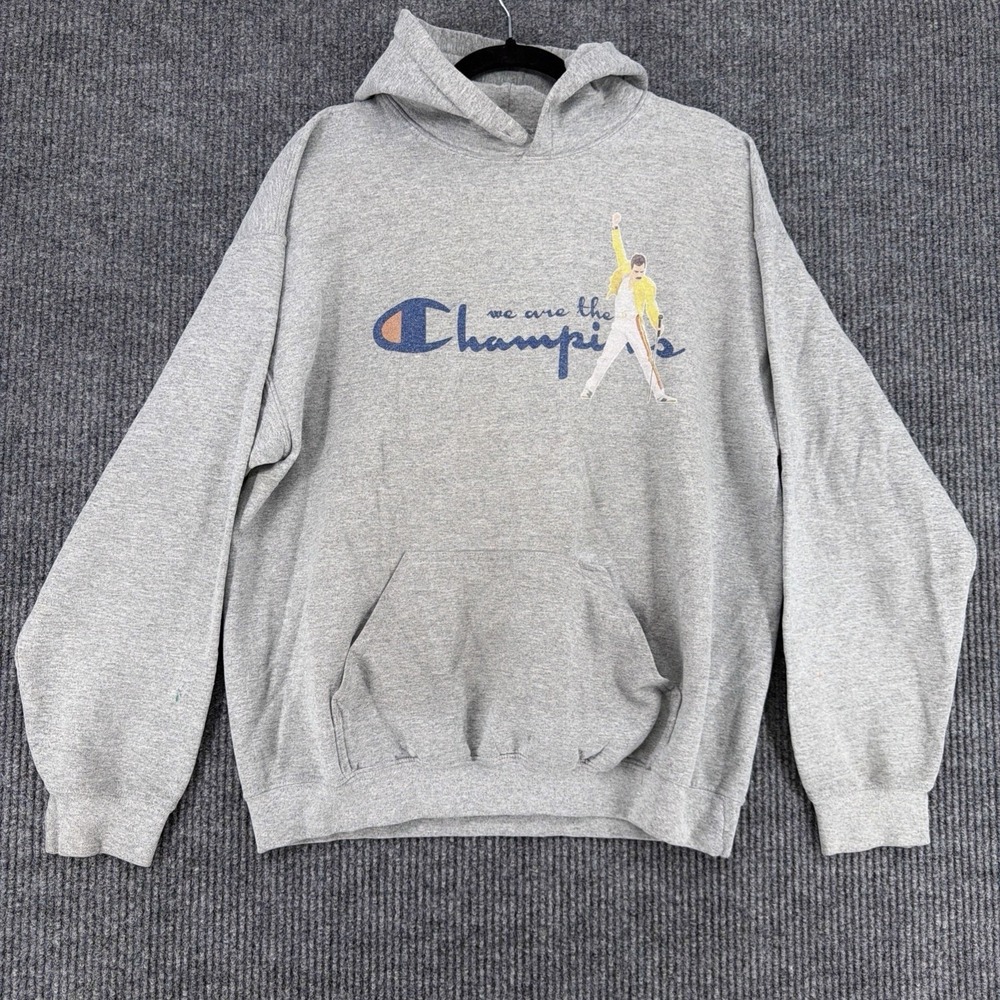 Champion Freddie Mercury Hoodie Distressed Grunge Graphic Gray Large